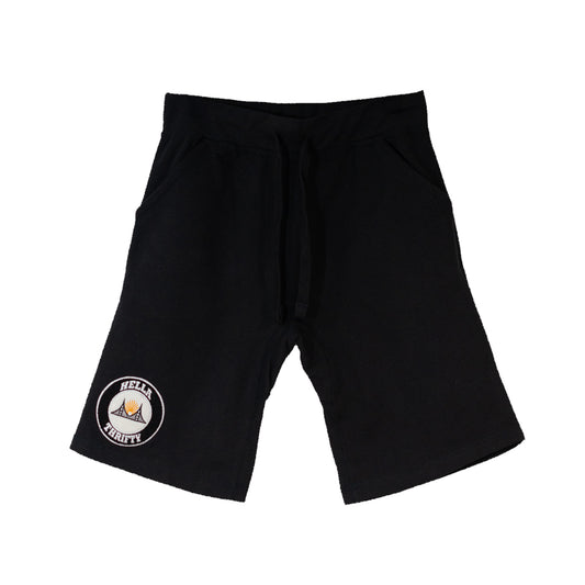 Mens black shorts with bay bridge logo to right leg. 