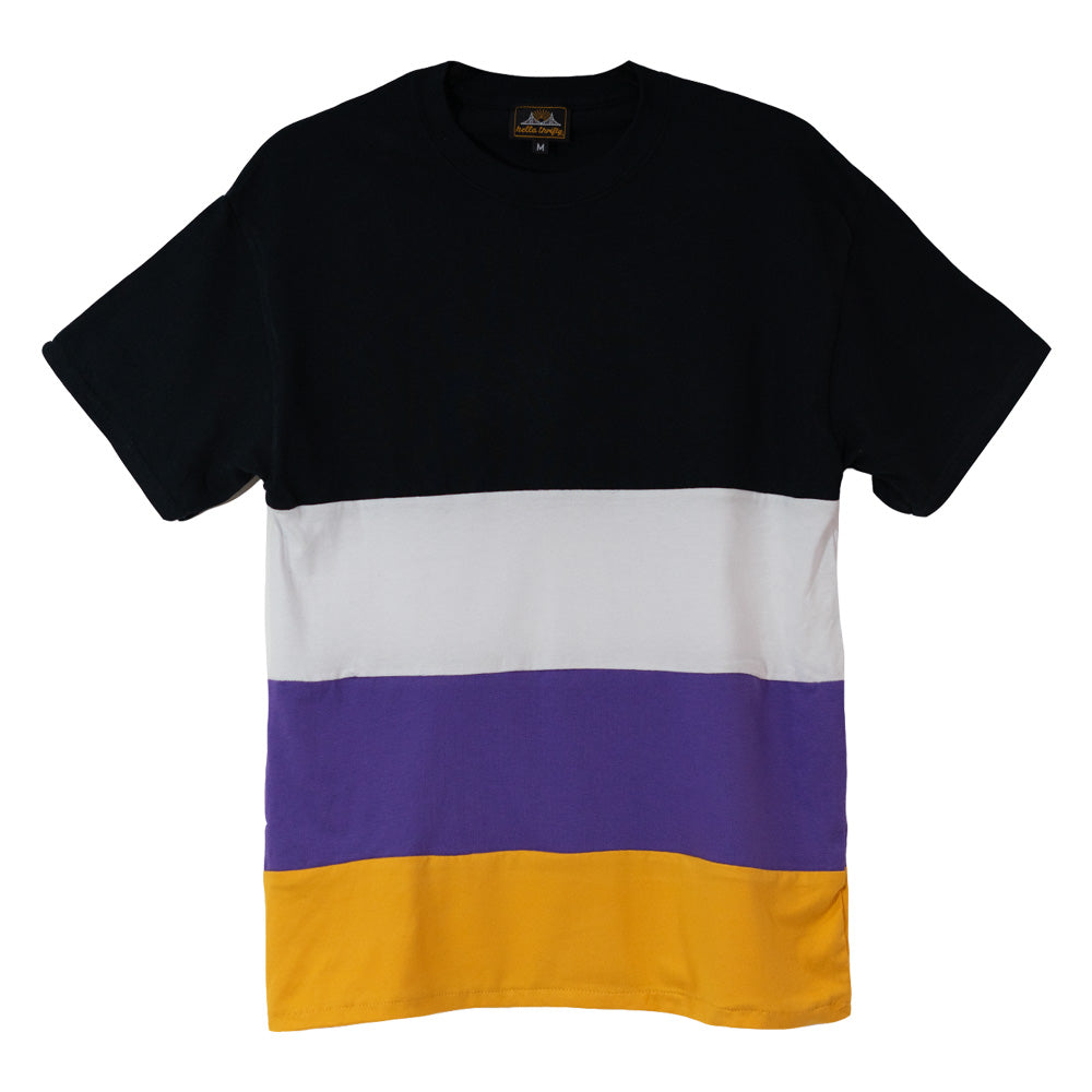 Crewneck t-shirt with four horizontal stripes in the following order starting at the neck: Black, white, purple, yellow-gold. 
