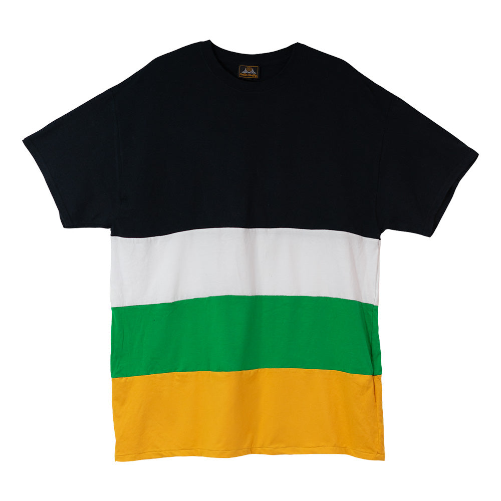 Crewneck t-shirt with four horizontal stripes in the following order starting at the neck: Black, white, green, yellow-gold. 