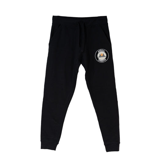 Black sweatpants with bridge logo by left pocket. 
