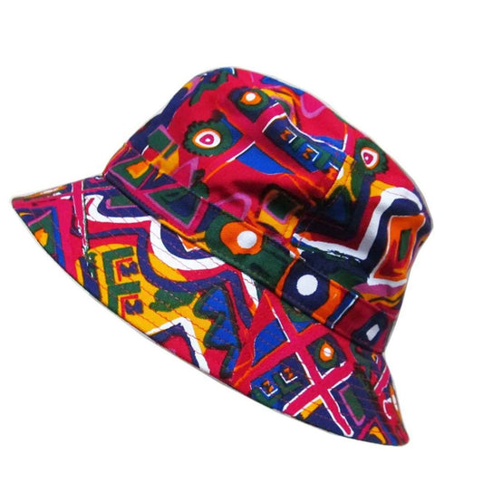 Bucket hat with vibrant colors of pink, red, blue, green, purple, white and orange. 