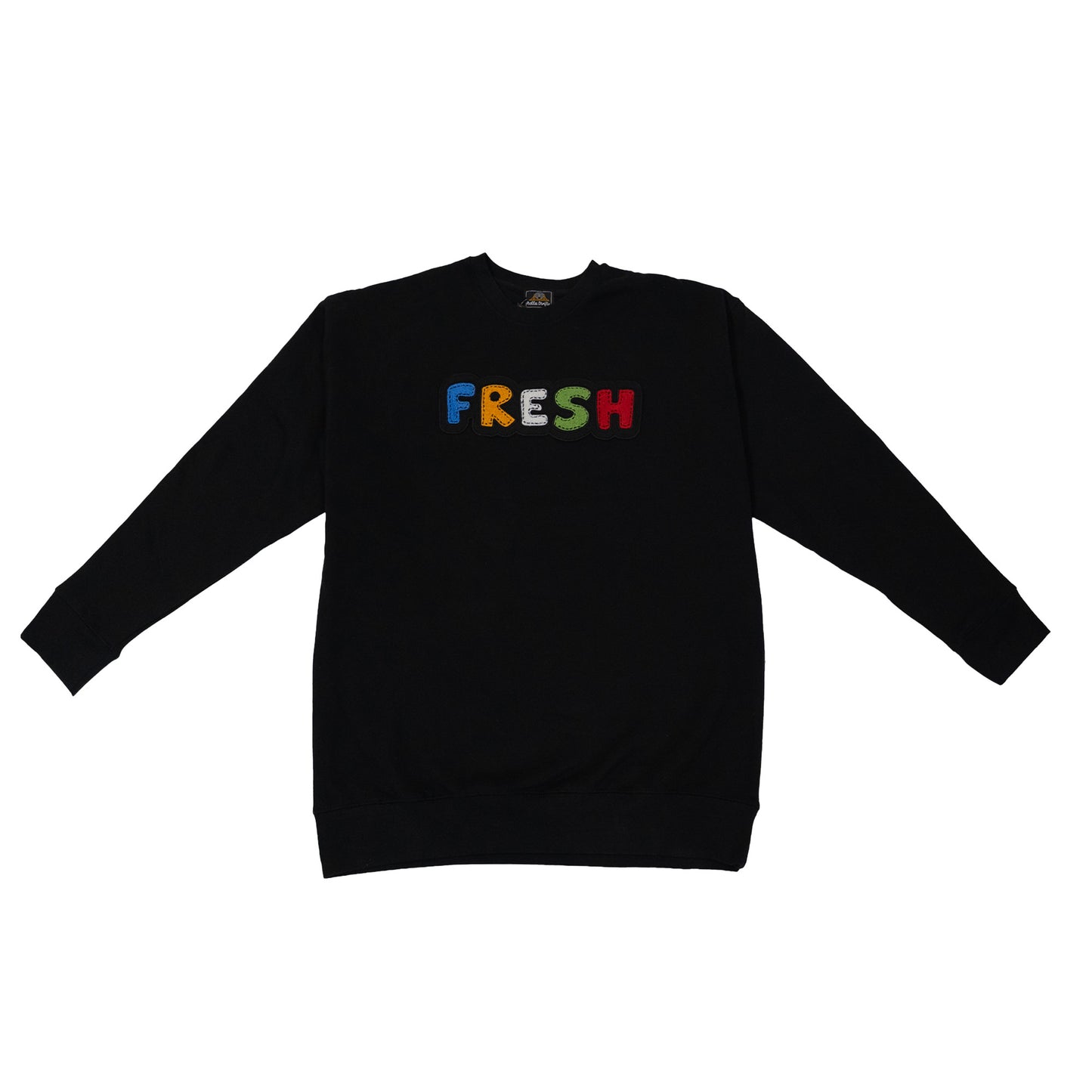 Black crewneck sweatshirt with the word FRESH located mid chest. Each letter in FRESH is a different color. 
