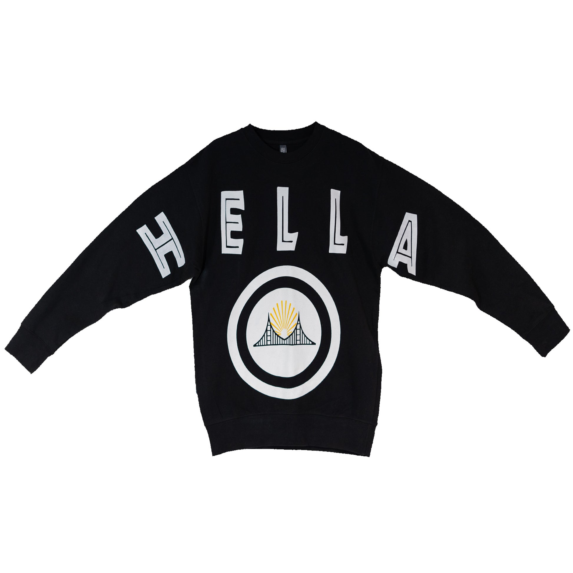 The word HELLA is spelled out across the top of this black crewneck sweatshirt from the right shoulder to the left shoulder. The middle of the crewneck has a large circle logo that features the silhouette of the Bay Bridge. 