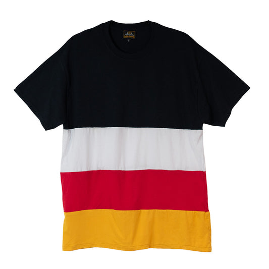 Crewneck t-shirt with four horizontal stripes in the following order starting at the neck: Black, white, red, yellow-gold. 