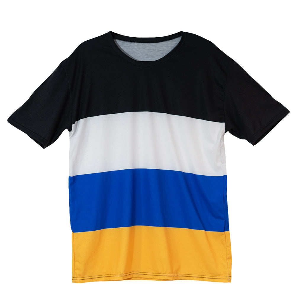 Crewneck t-shirt with four horizontal stripes in the following order starting at the neck: Black, white, royal blue, yellow-gold. 