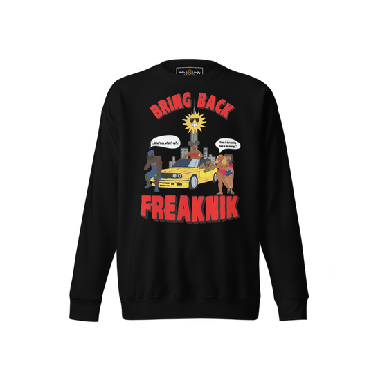 Black crewneck sweatshirt with Bring Back Freaknik graphic logo