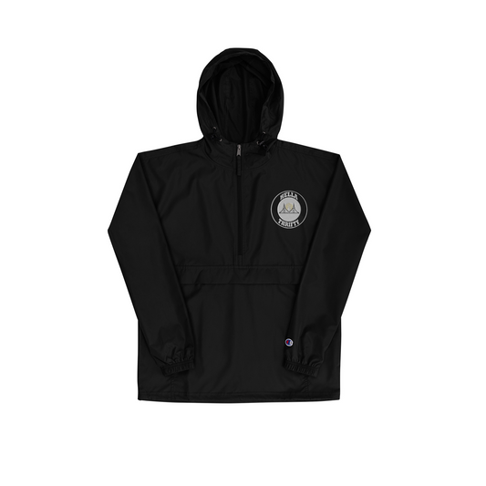 Black pullover hooded windbreaker with kangaroo pocket and bay bridge logo to left chest.