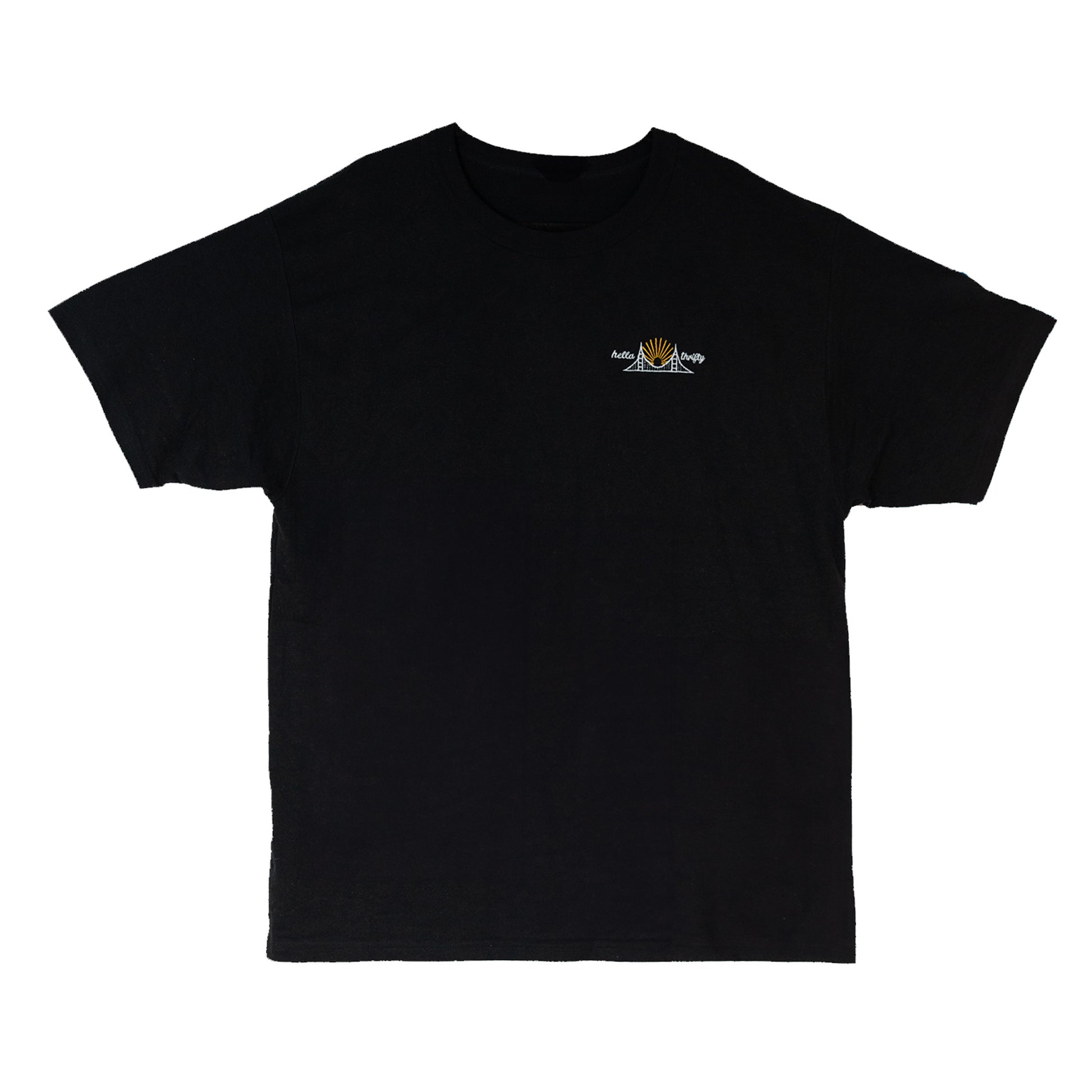 Black t-shirt with hella thrifty bay bridge logo embroidered to left chest.