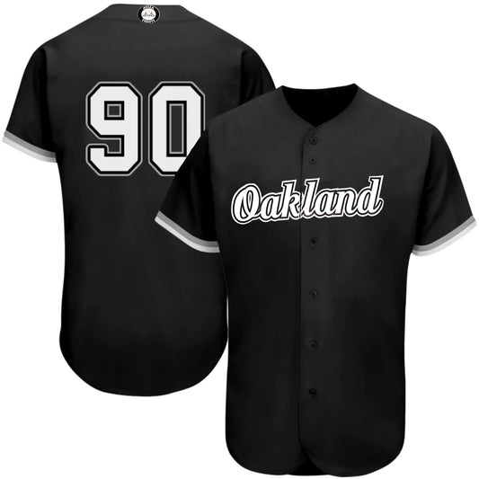 Black button up baseball jersey with the word Oakland centered across the chest and the number 90 on the back of the jersey. The sleeves are short and have gray/white stripes on the ends. There is a Hella Thrifty logo on the back of the jersey near the neckline. 