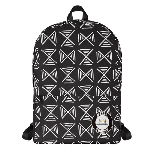 Black backpack with white markings inspired by African mudcloth patterns.