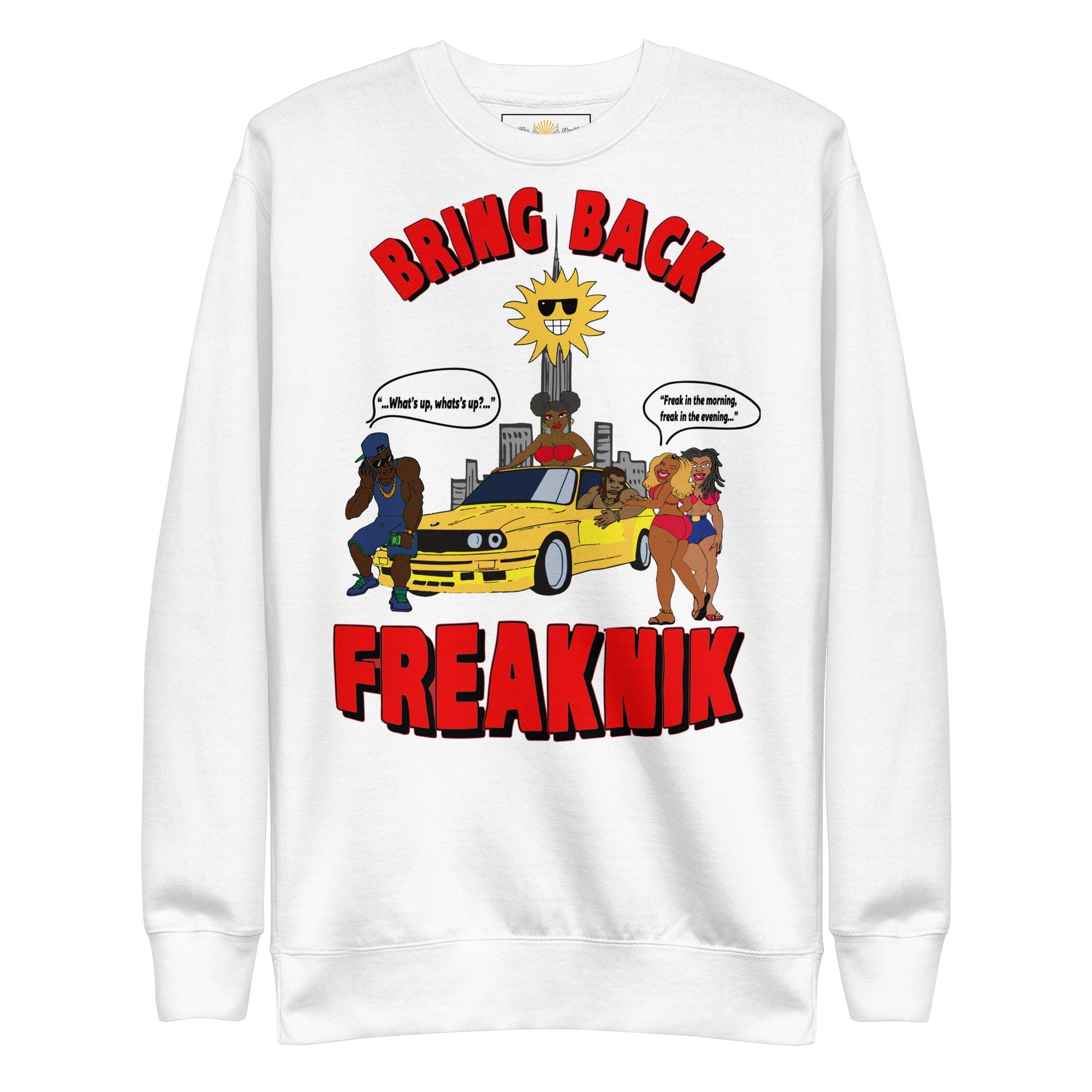 White crewneck sweatshirt with Bring Back Freaknik graphic logo