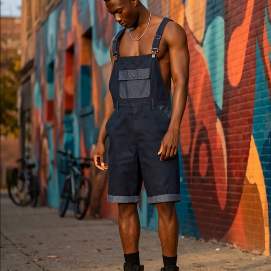 black male wearing capri overalls shirtless