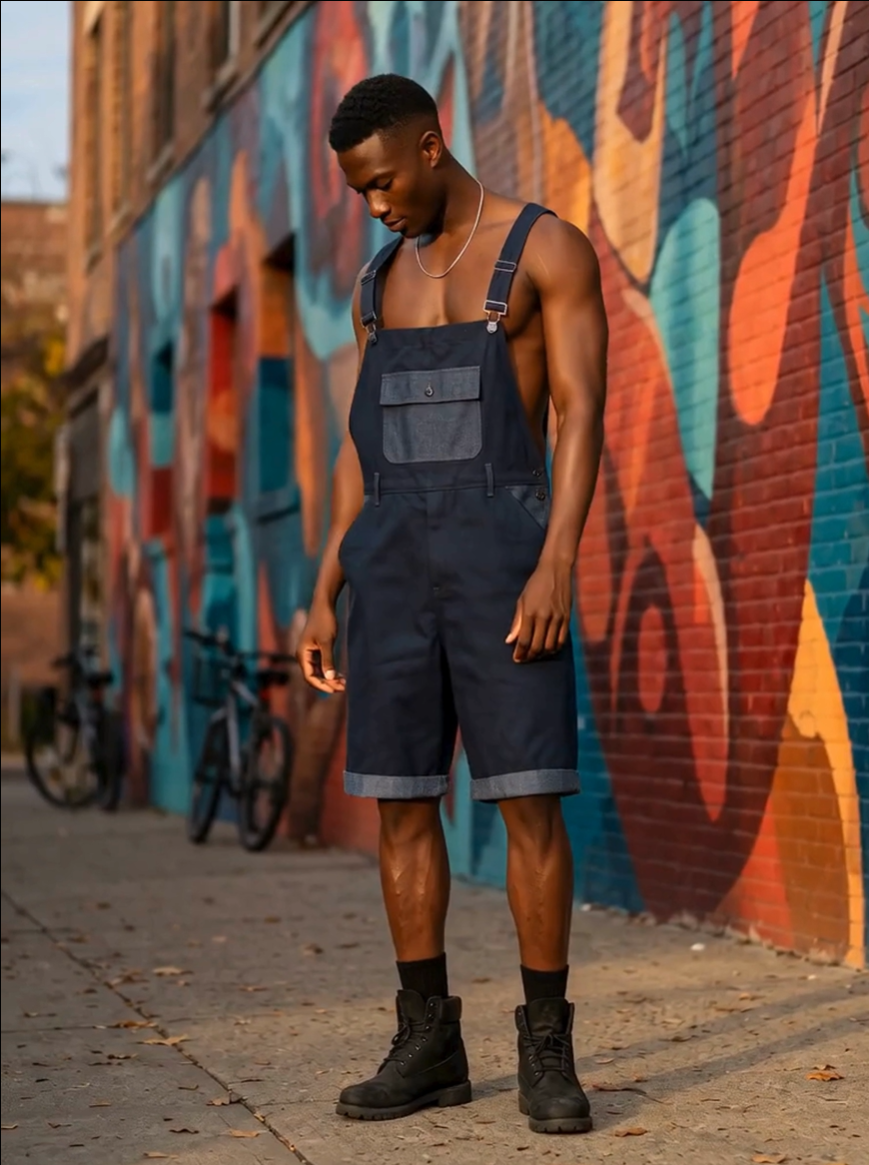 black male wearing capri overalls shirtless