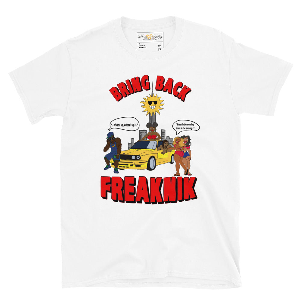 White crewneck shirt with bring ack freaknik logo and graphic design of people having fun at Freaknik in the 90s. 