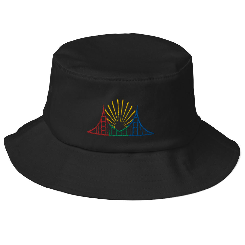 Black bucket hat with bay bridge logo in a red, yellow gold, green and blue colorblock logo. 